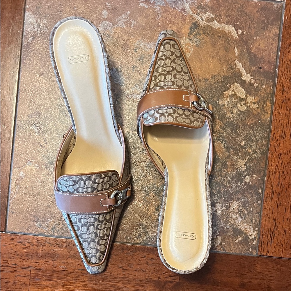 Coach Signature Pattern Brown Canvas Mules